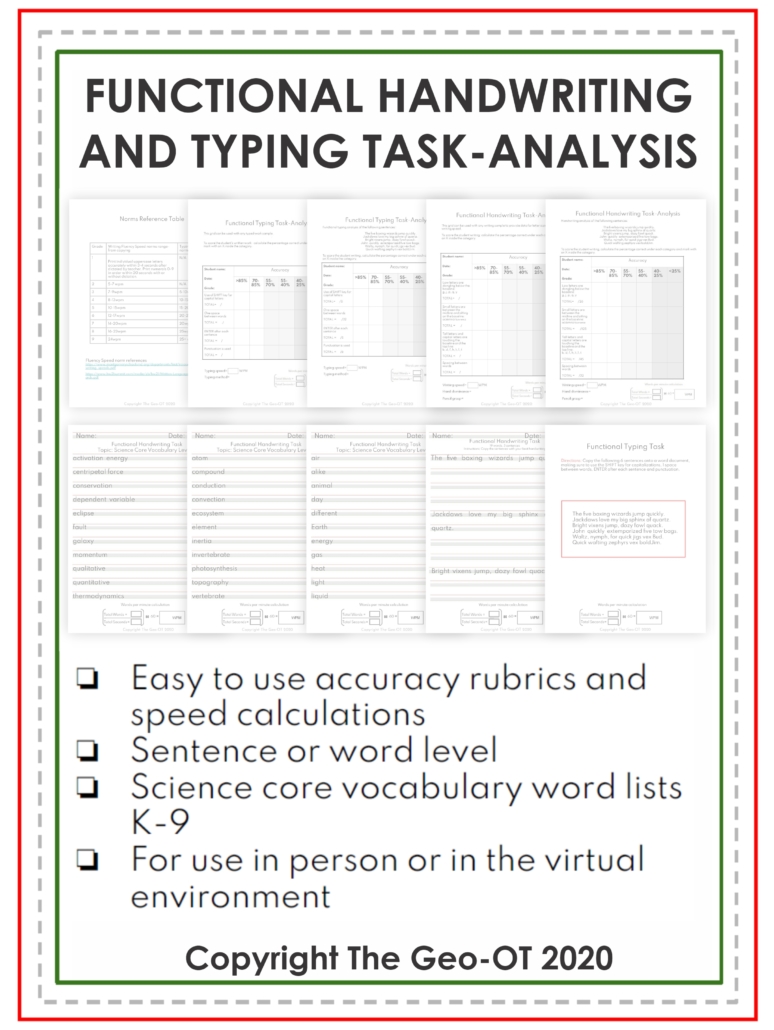 The Functional Handwriting and Typing Task Analysis digital document includes easy to use speed calculations and accuracy rubrics for school-based occupational therapy providers and other educators.  This resource was created by Anna Long-Slade, OTR.
