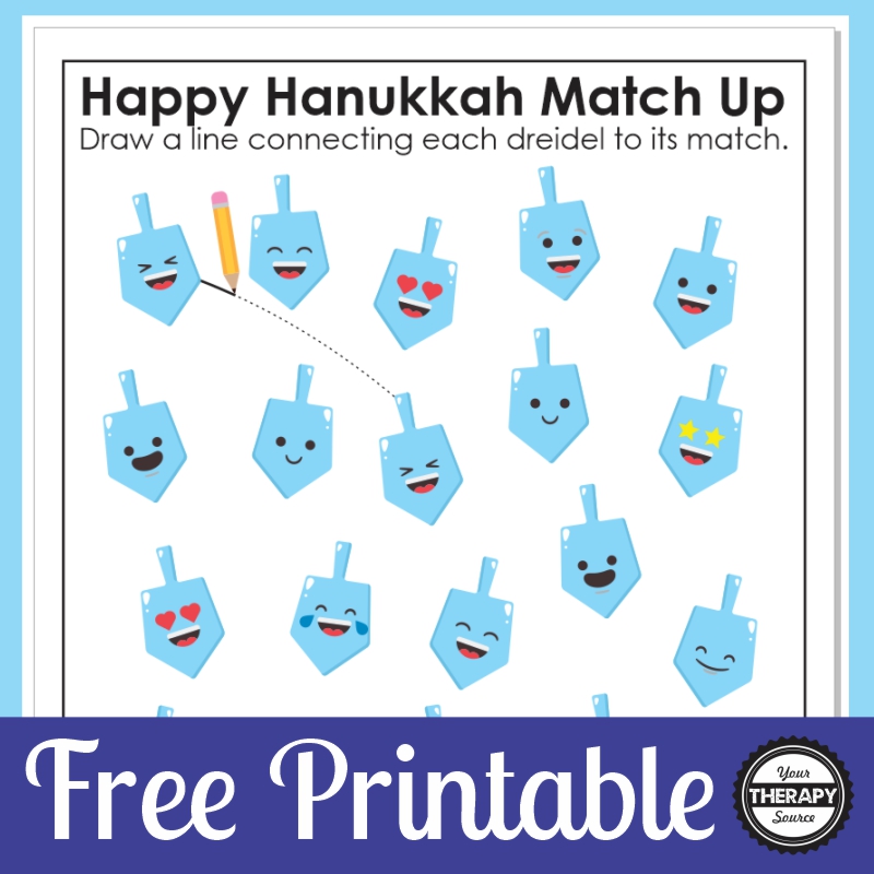 Time for a FREE Dreidel game printable to celebrate Hanukkah. Your students can draw a line to match up the happy dreidels!