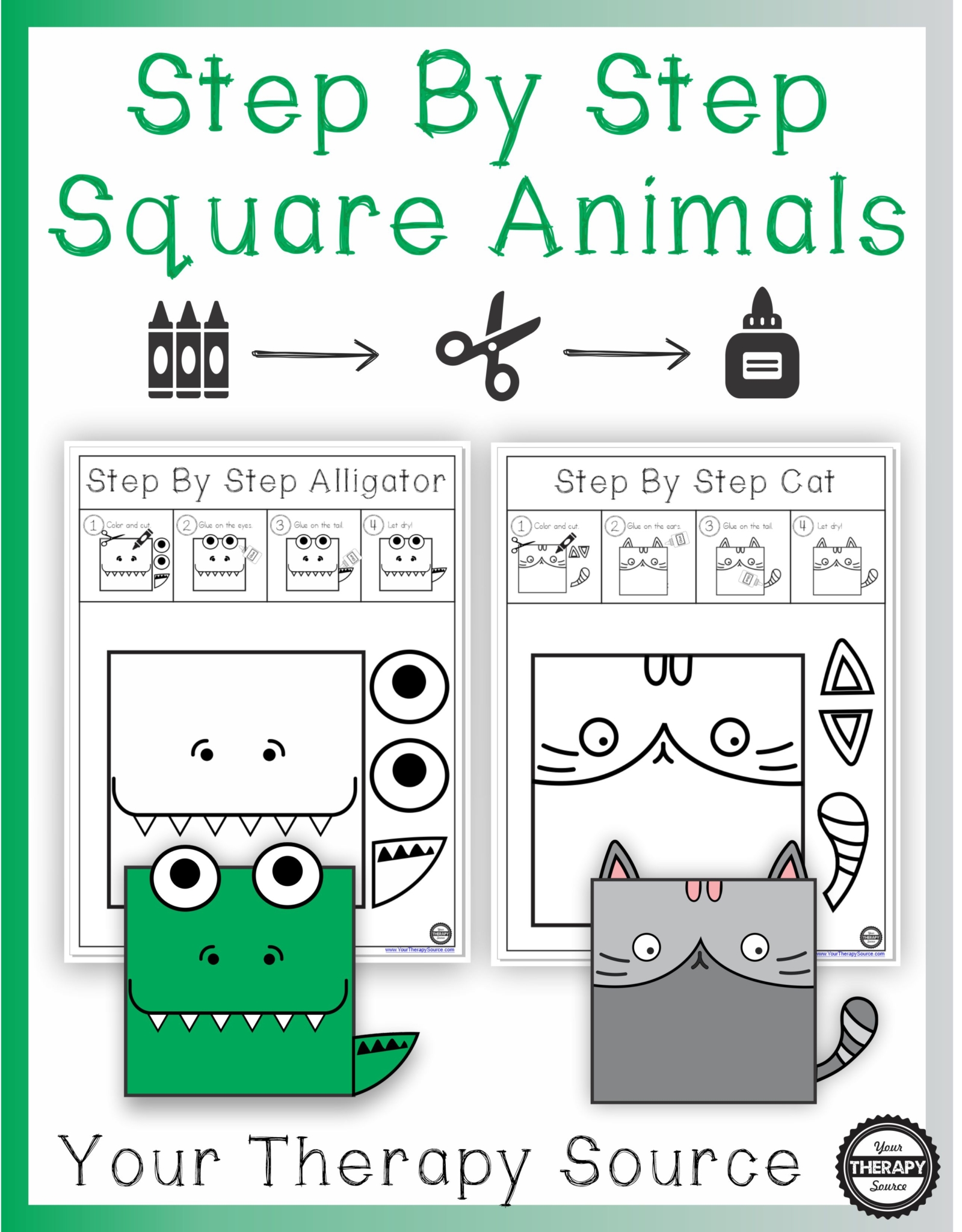 Step By Step Square Animal Projects digital download includes 10 projects to practice coloring, cutting and pasting skills.
