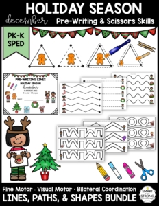The December Holiday Prewriting and Shapes digital packet includes a wide variety of pre-writing and shape activities to work on foundational fine motor skills.