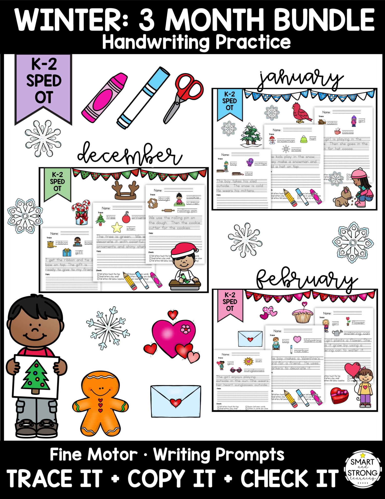This Winter Handwriting Practice resource is no-prep resource saves you time & fun new themes each month. A seasonal handwriting activity for kids to work on developing and mastering penmanship with an easy visual cue reminder at the bottom.