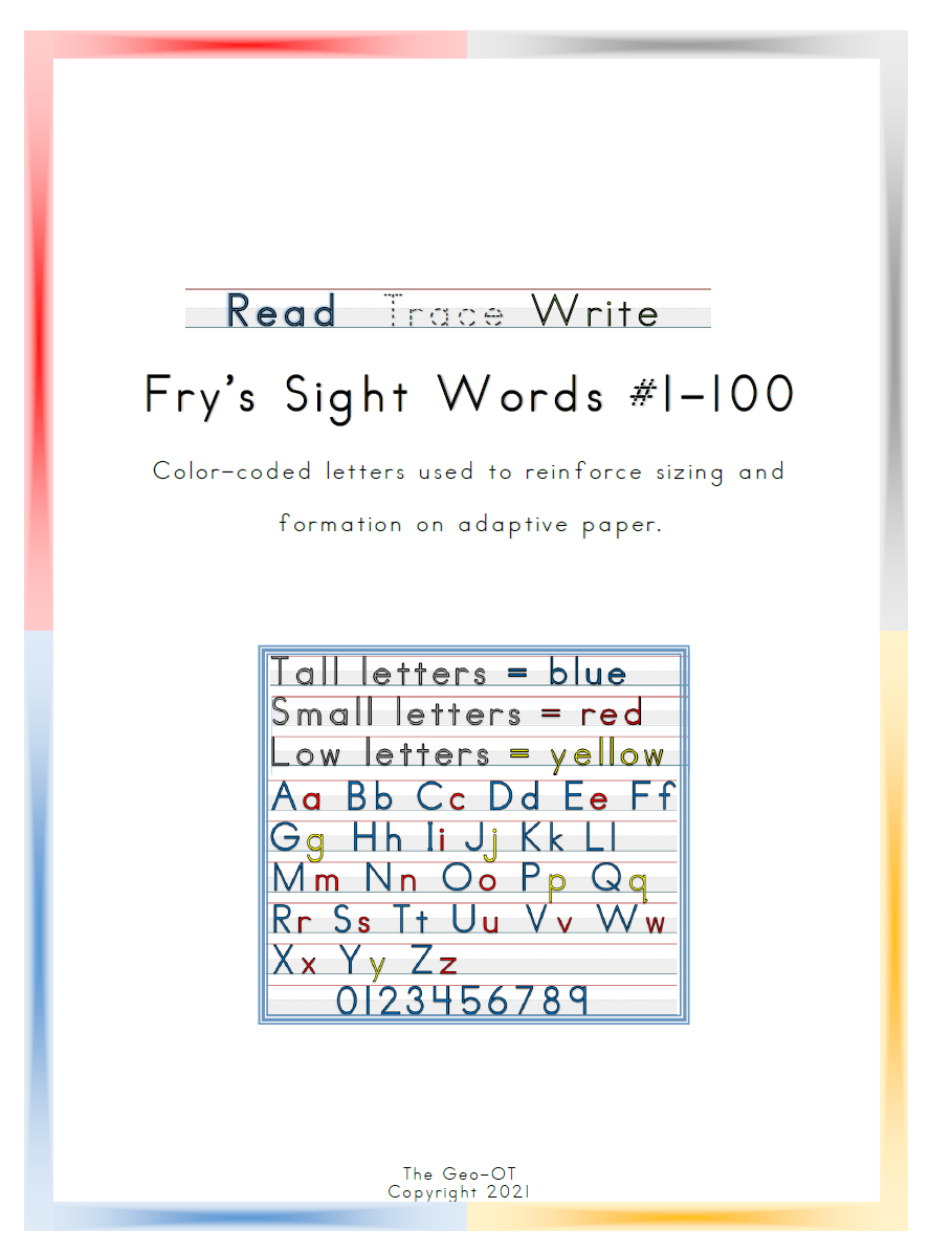 Created by Anna Long-Slade, OTR, this is an easy, inexpensive, and print-and-go option for Sight Word Handwriting Practice for the first 100 Fry Sight Words.