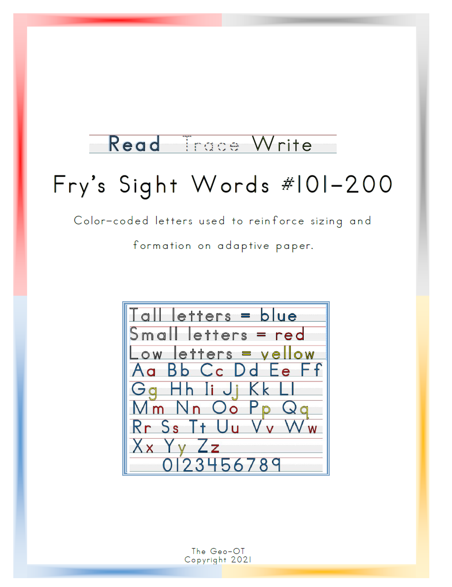Created by Anna Long-Slade, OTR, this is an easy, inexpensive, and print-and-go option for Handwriting Sight Word Practice for the Fry Sight Words 101-200.