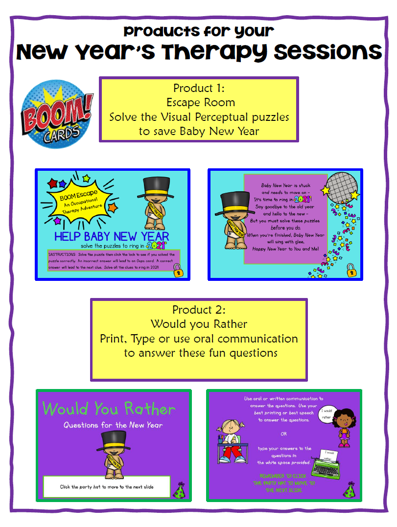 Need a FUN, no-prep, activity for your OT session in January? This set of New Year OT Boom Cards™ include 2 different no print digital engaging activities to help ring in the new year!