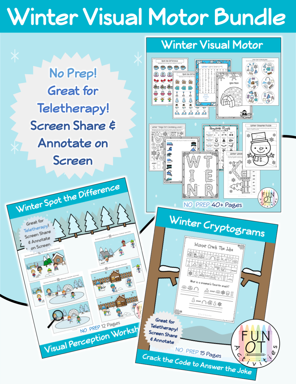 This Winter Visual Motor Bundle includes no-Prep visual motor activities such as mazes, puzzles, spot the difference, spot-it game, word search, matching, crossing midline, form constancy, snowman glyph, drawing, cutting, prewriting lines and shapes, and lots more!