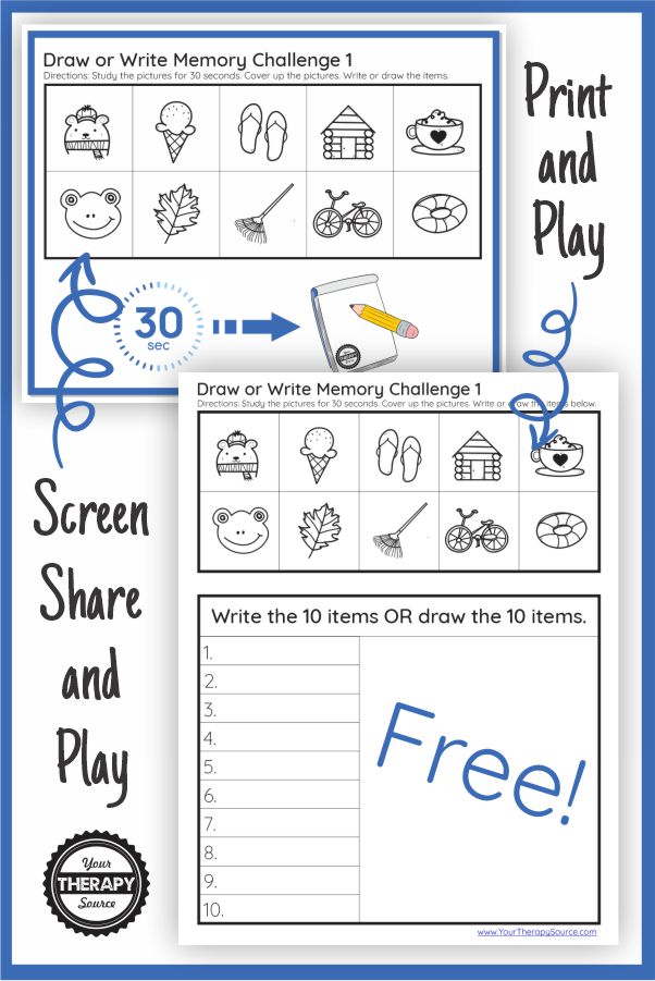 Want to challenge your memory skills? Try this free writing, drawing and memory activity from Your Therapy Source.