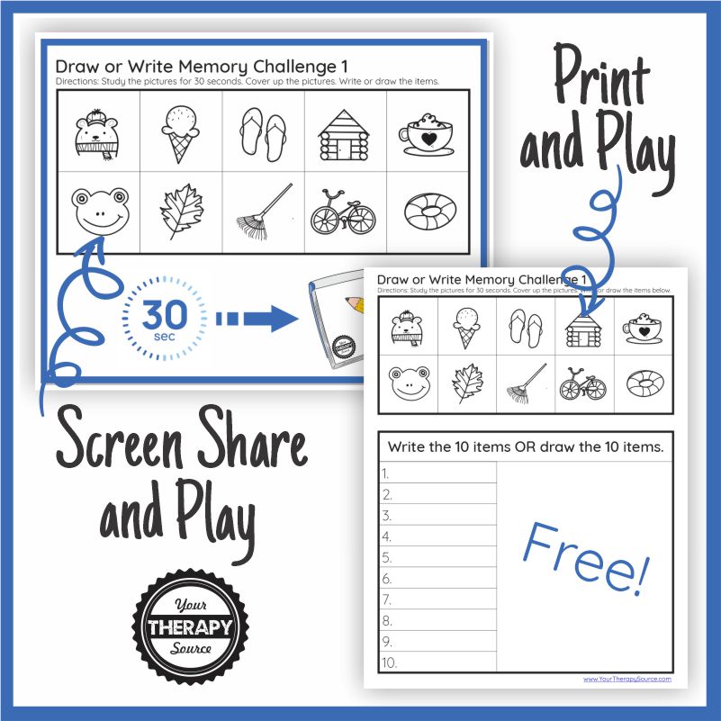 Want to challenge your memory skills? Try this free writing, drawing and memory activity from Your Therapy Source.
