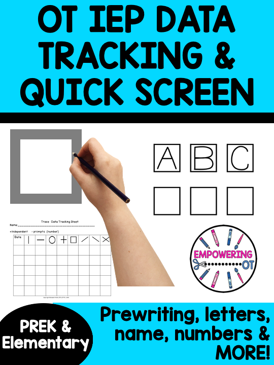 Make goal tracking on on pre-writing, uppercase alphabet, lowercase alphabet, name, and numbers EASY with this Occupational Therapy Screening and IEP Goal Tracking packet. 