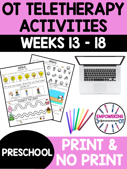 This is Preschool Occupational Therapy Weeks 13-18 for 6 WEEKS worth of distance learning fun / workbook (or even in person therapy!)