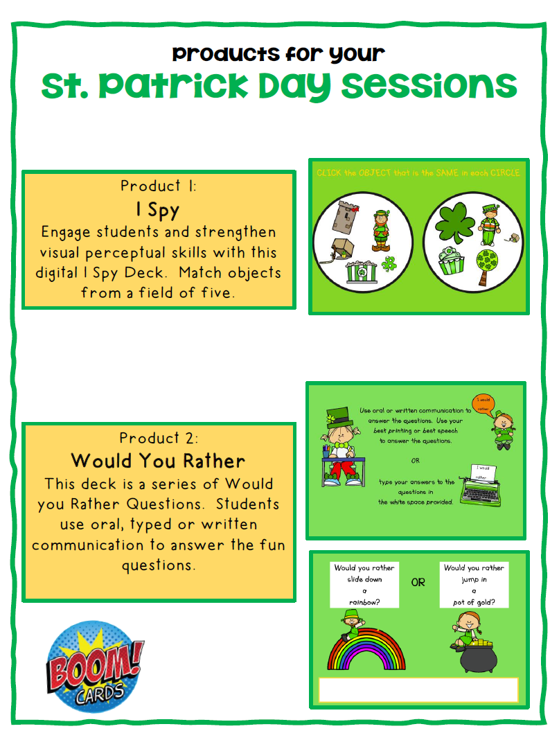 This set of St. Patrick's Day Boom Cards ™ includes 2 different no print digital engaging activities to help with visual perceptual skills and writing skills!