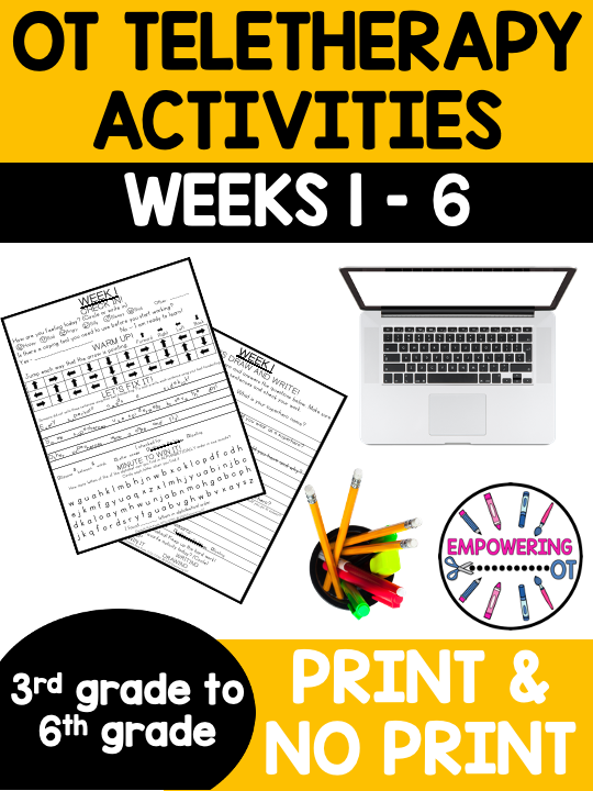 Check out this amazing, time saving, resource for OT teletherapy ideas for grades 3-6.  Created by an experienced school-based OT, Elizabeth Rizki Kosek, OTD, OTR/L, this download includes 6 weeks worth of distance learning fun via teletherapy or in person!