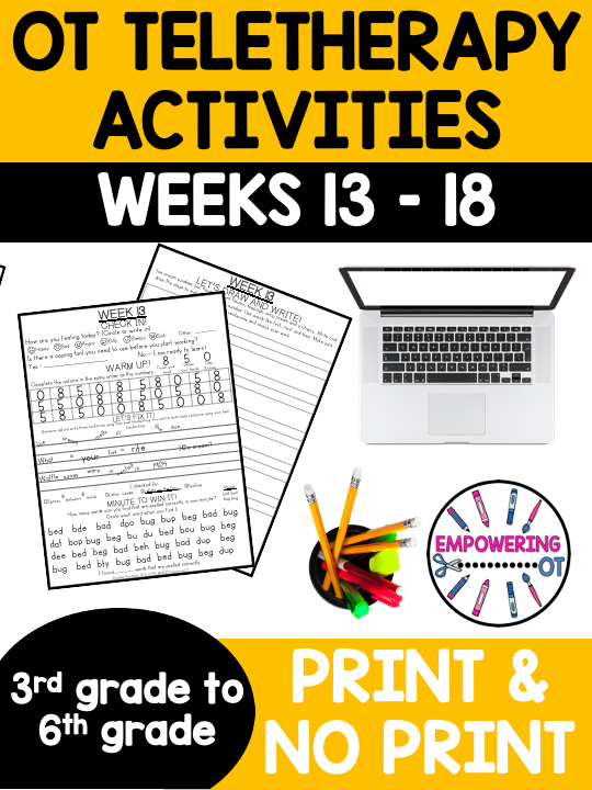 This Occupational Therapy for Older Elementary Students resource is the THIRD SET OF SIX weeks (WEEKS 13-18) worth of distance learning fun / workbook (or even in person therapy!)