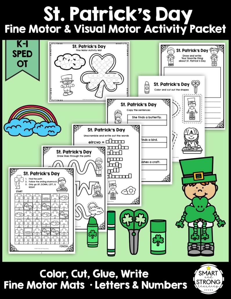 Created by Christine, OTR, this St. Patrick's Day Fine Motor Activity Packet helps students work on essential school fine motor skills.