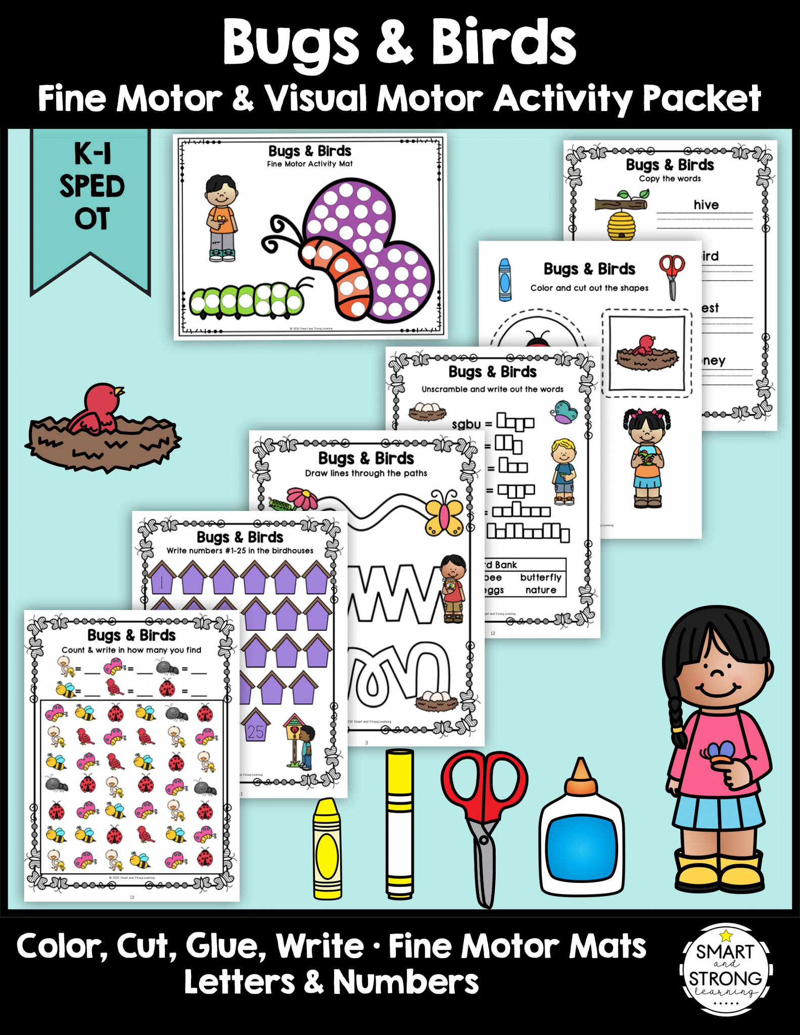 Help students work on essential school fine motor skills in a fun bugs and birds - themed way with Bugs & Birds Fine Motor Activity Packet - Color, Write, Cut, Glue!