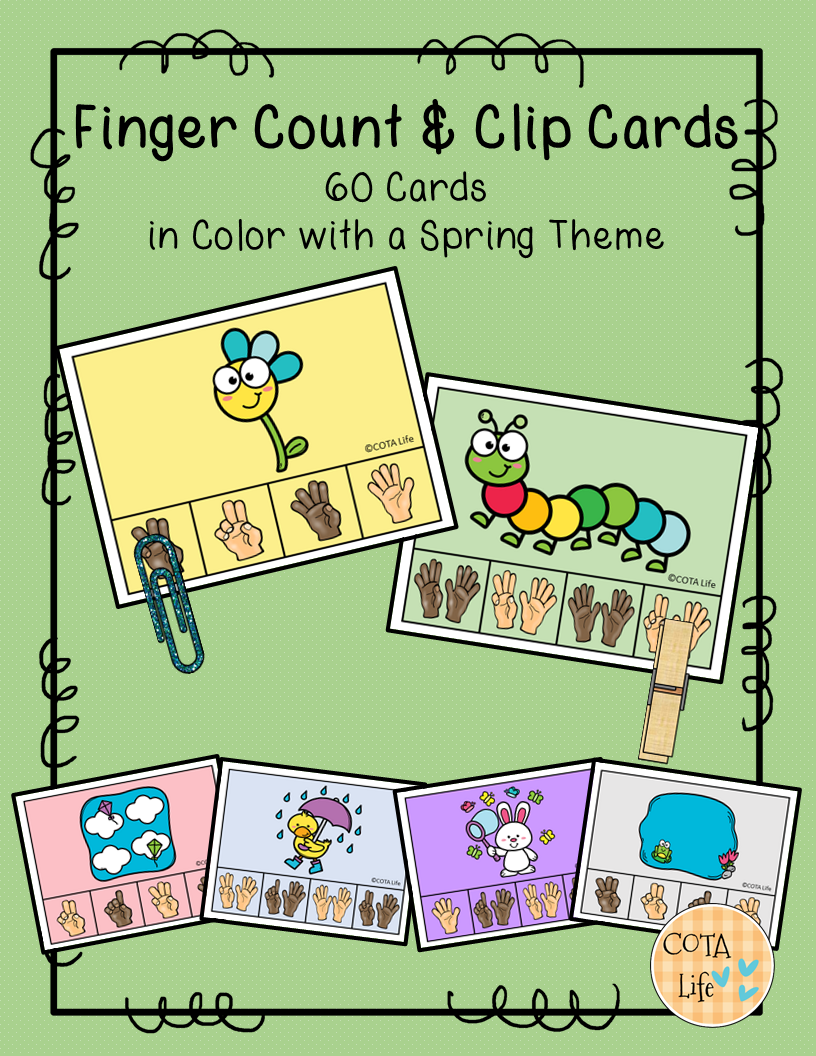 Check out this set of 60 Spring Finger Count and Clip Cards to encourage counting, and hand strengthening.