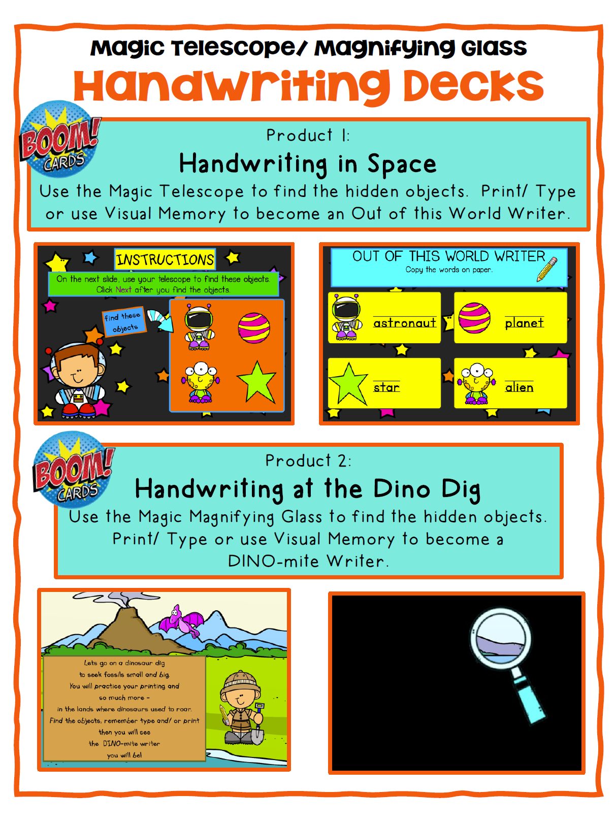 This set of  Magic Handwriting Boom Cards  ™ includes 2 different no print digital engaging activities to help with handwriting and visual perceptual skills!