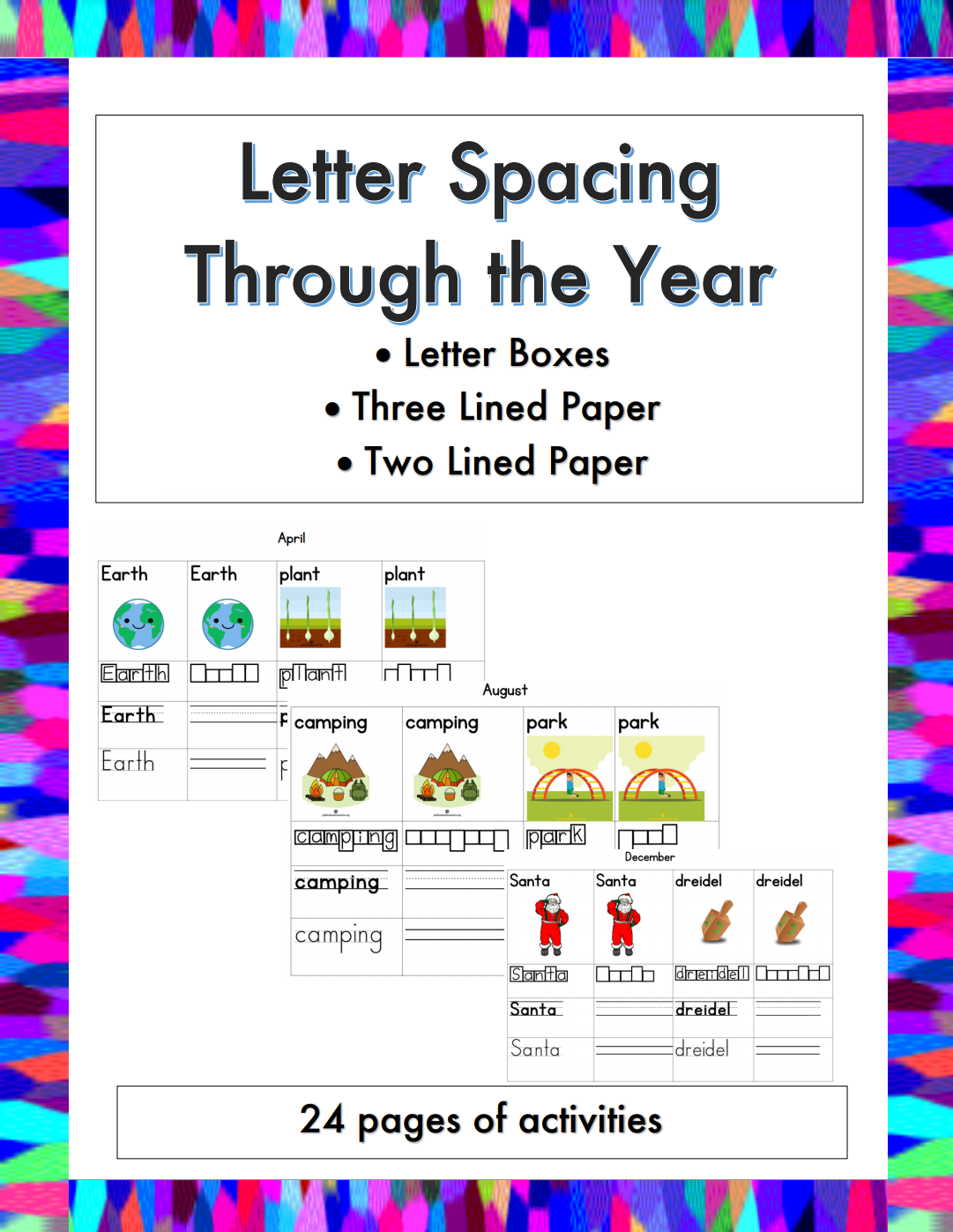 Practice letter formation, letter spacing, and letter sizing throughout the year using the colorful Letter Spacing Throughout the Year packet.