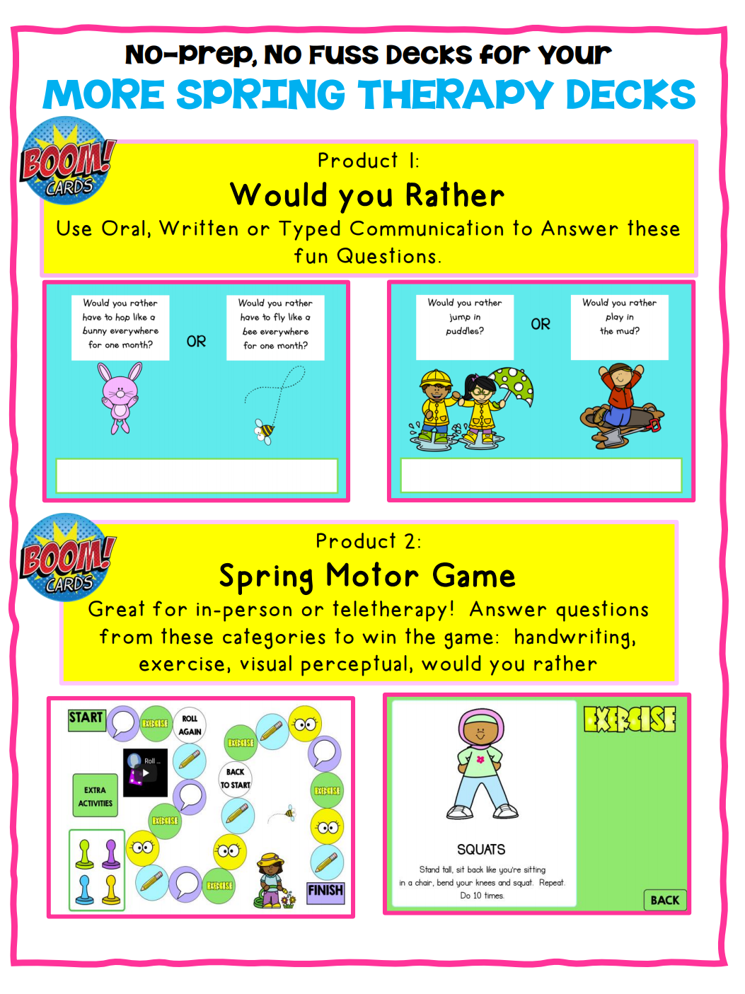 This set of More Spring OT Boom Cards ™  includes 2 different no print digital engaging activities to help with handwriting, keyboarding, sensory motor, and visual perceptual skills!