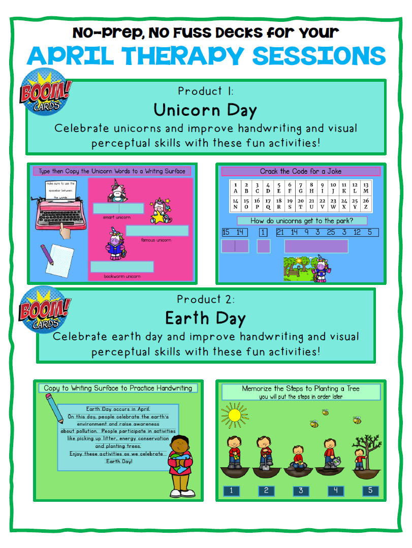 The Earth Day and Unicorn Boom Card Decks includes 2 different no print digital engaging activities to help with handwriting, keyboarding, sensory motor, and visual perceptual skills!