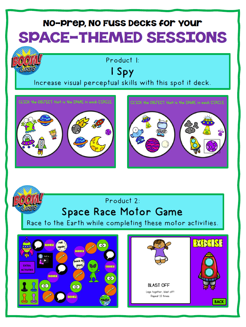 The Space Boom Cards include 2 different no print digital engaging activities to help with handwriting, keyboarding, sensory motor, and visual perceptual skills!