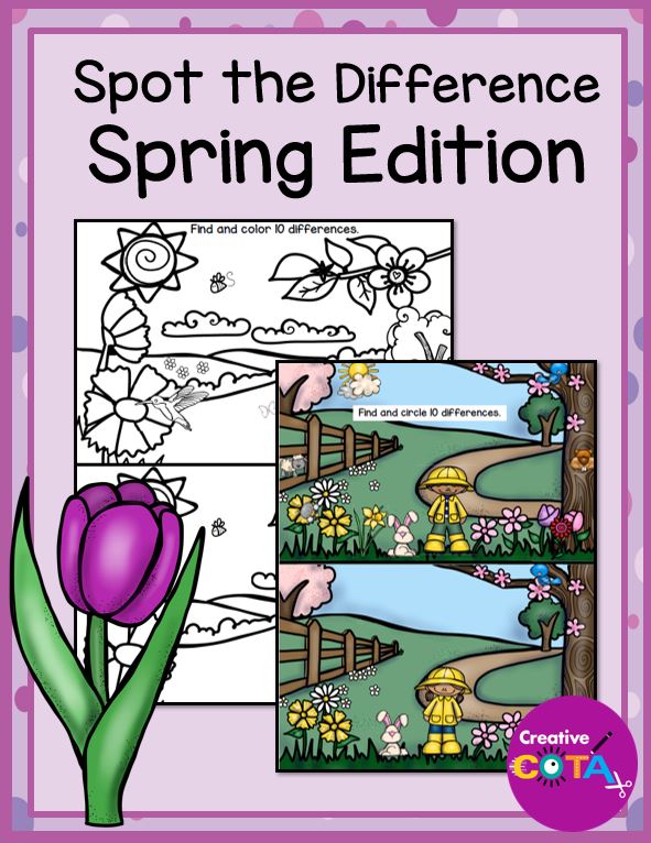 This Spring Find the Difference PDF digital packet will challenge your students visual perceptual skills! Can you spot the 10 differences in the pictures?