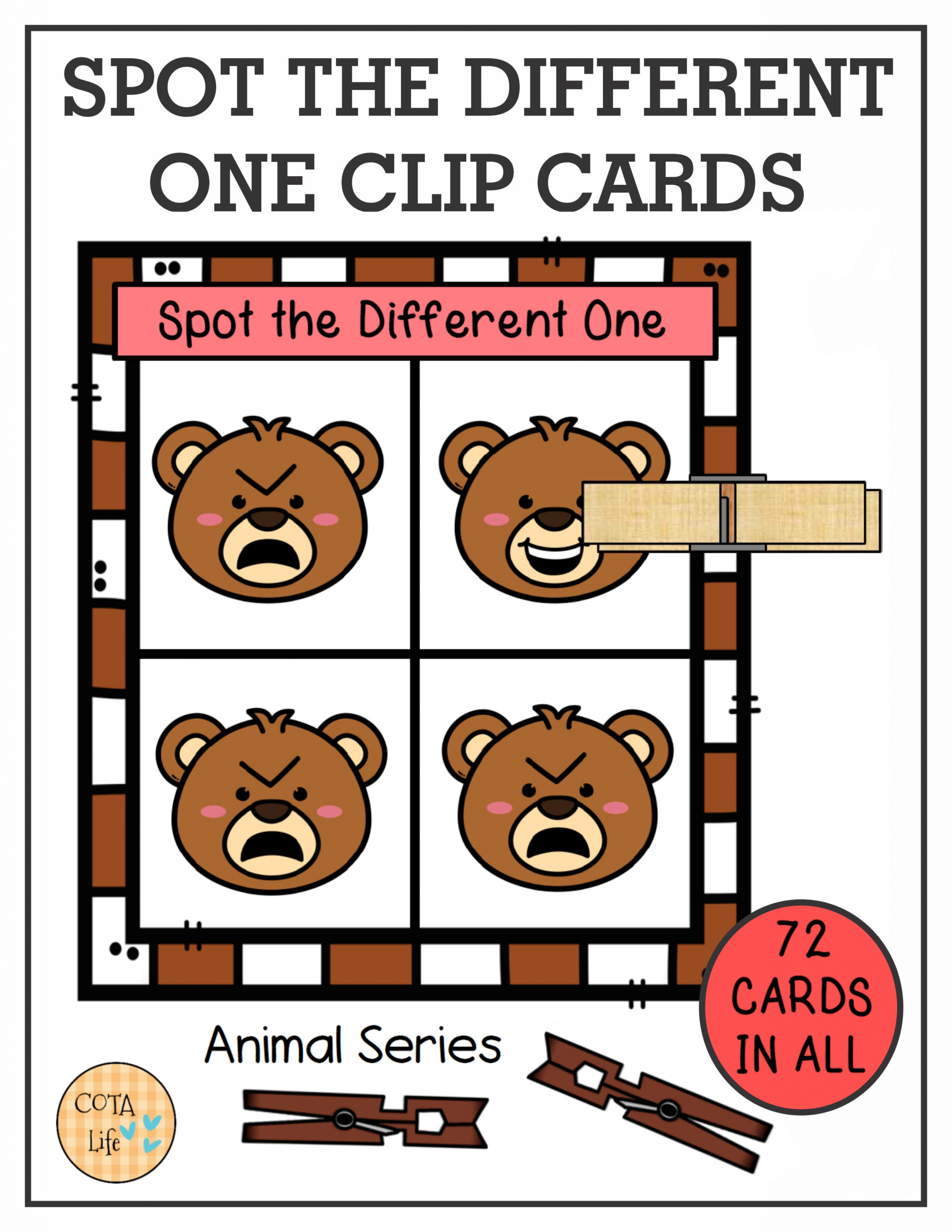 This set of 72 Spot the Difference Animal Clip Cards encourage hand strengthening, visual perceptual skills and bilateral coordination.