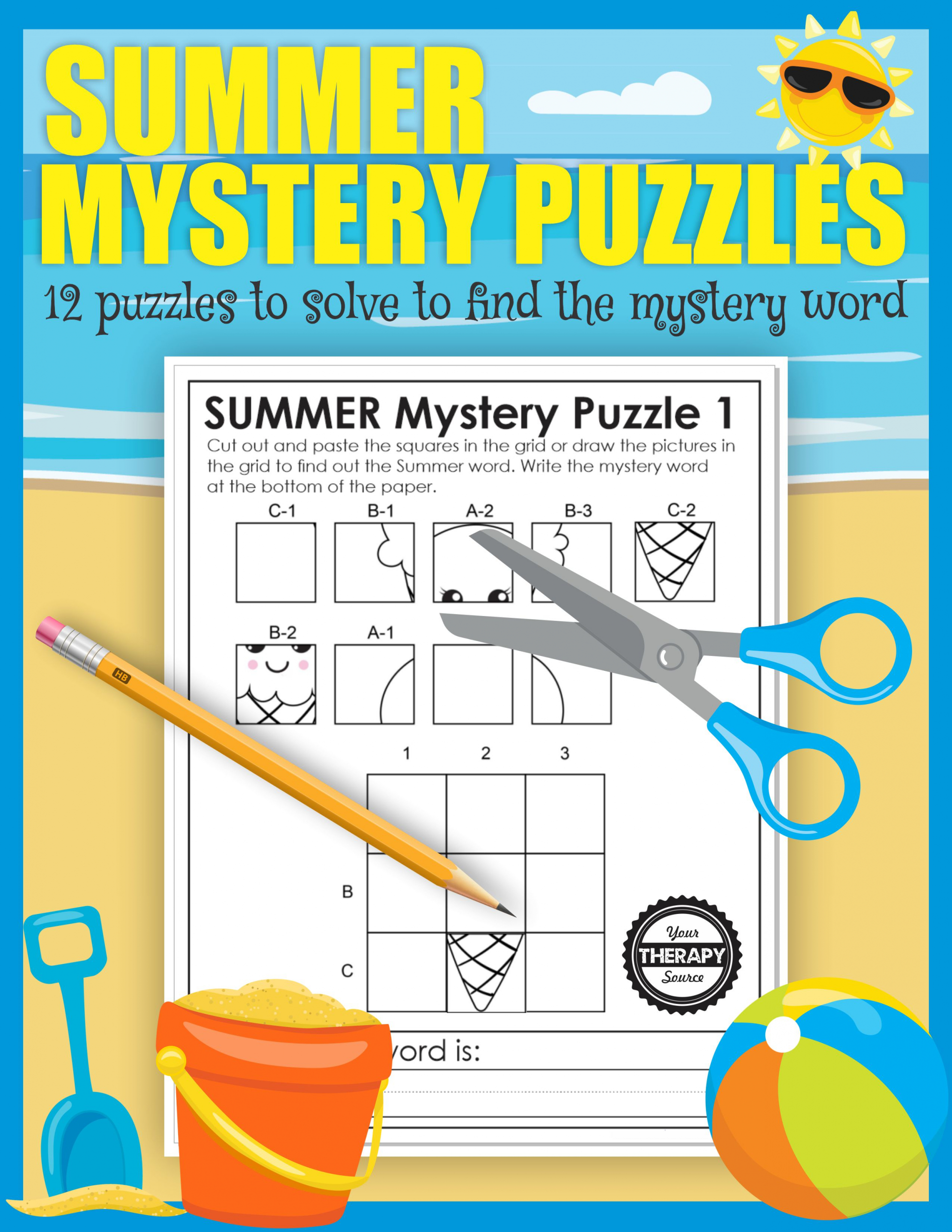 The Summer Puzzles Printable digital download includes 12 mystery puzzles to challenge your student’s fine motor skills, spatial reasoning, visual closure, visual motor and handwriting skills!