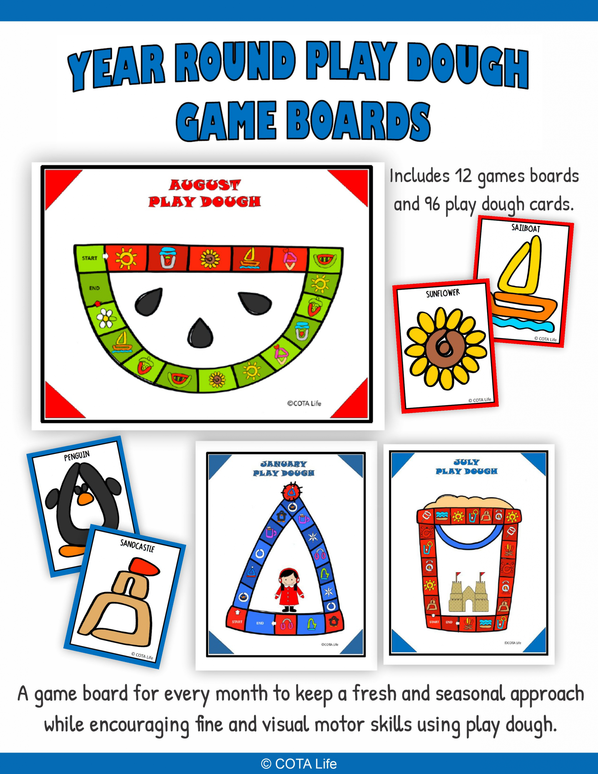 This collection of Year Round Play Dough Board Games includes 12 no-prep games and 96 play dough cards for throughout the school year.