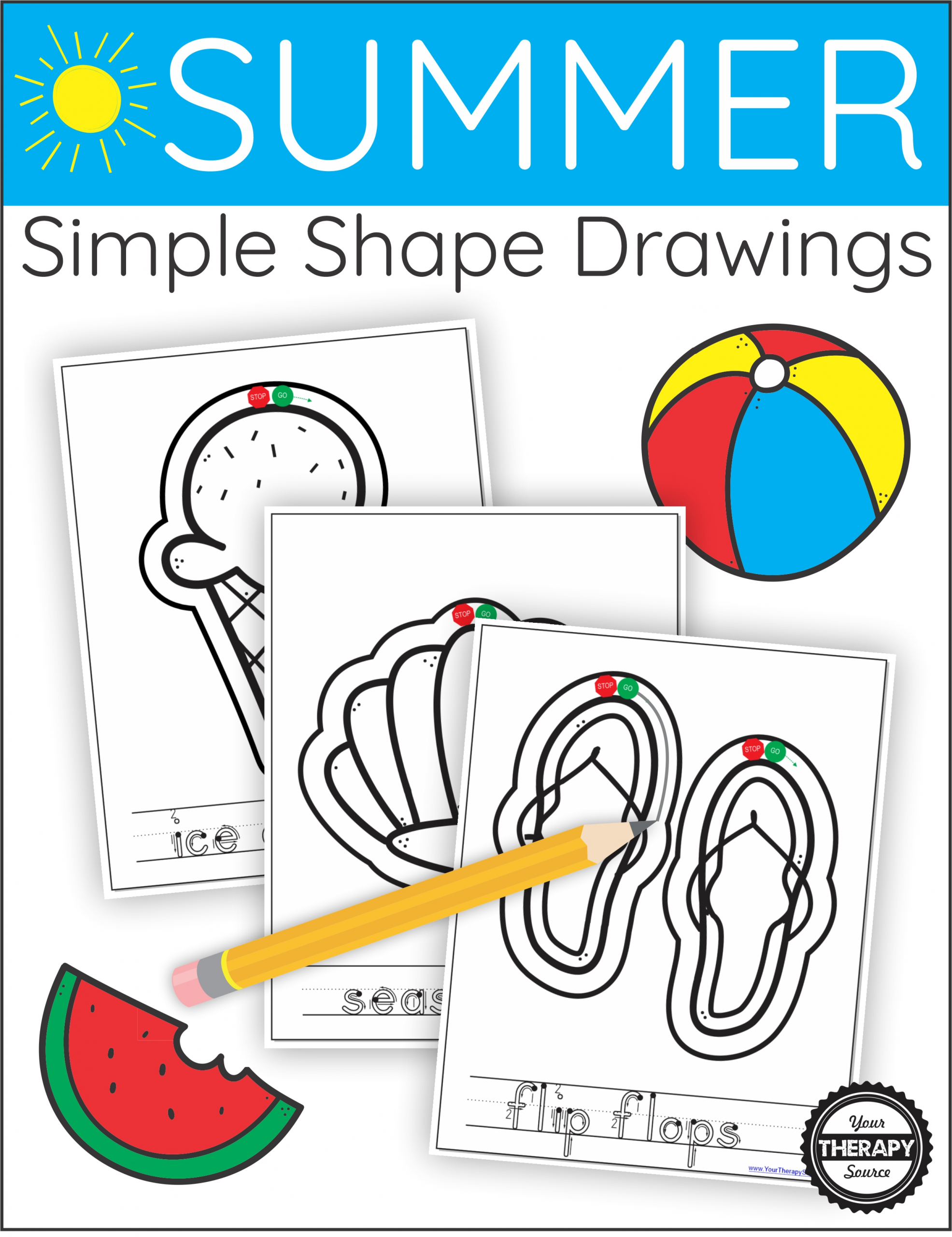 The Summer Simple Shape Drawings digital download includes 20+ simple Summer themed objects to draw around the outline.