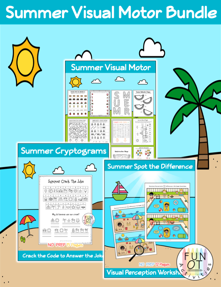 This Summer Visual Motor Bundle includes no-prep visual motor activities such as mazes, puzzles, spot the difference, cryptograms, and more!