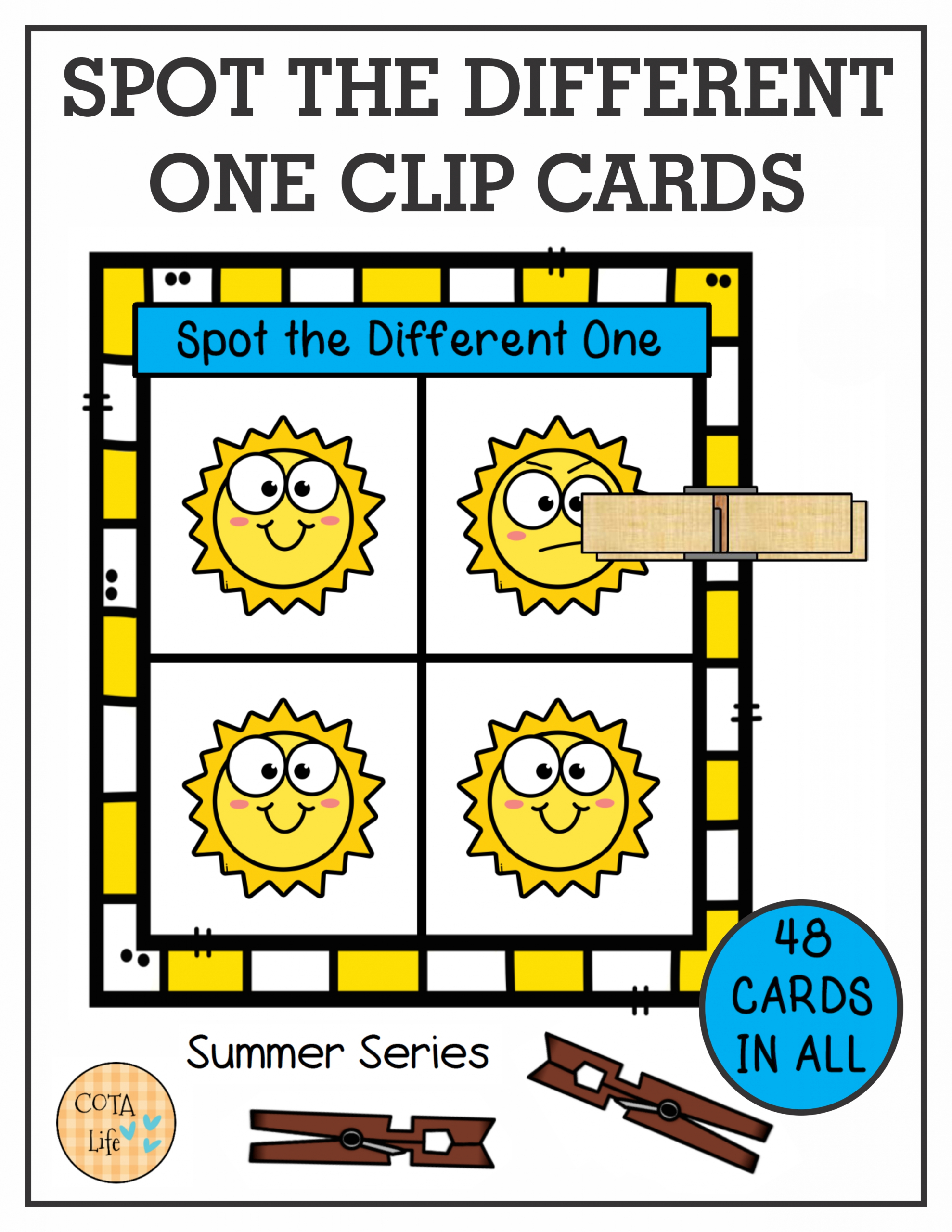 Need to encourage hand strengthening, visual skills and coordination? Check out this set of 48 Spot the Difference Summer Clip Cards.