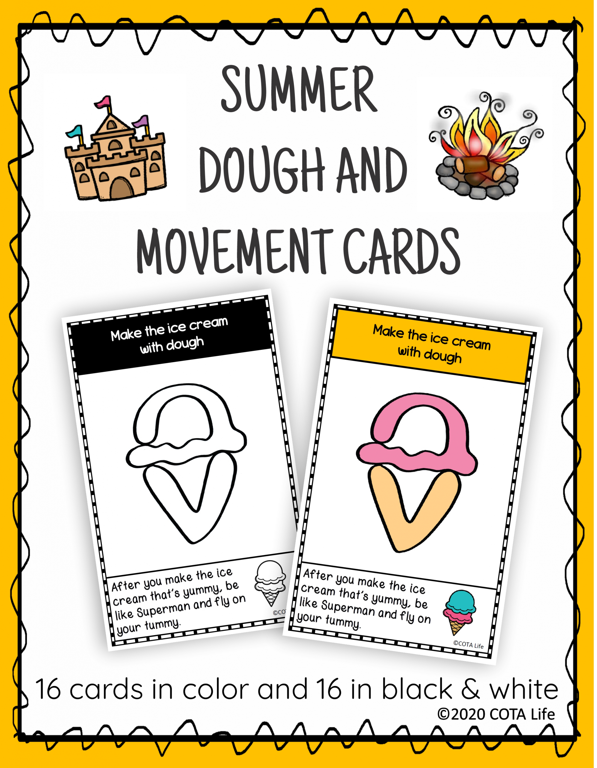 The Summer Play Dough and Movement Cards are designed for children to engage in the activity of play dough use and body movements.