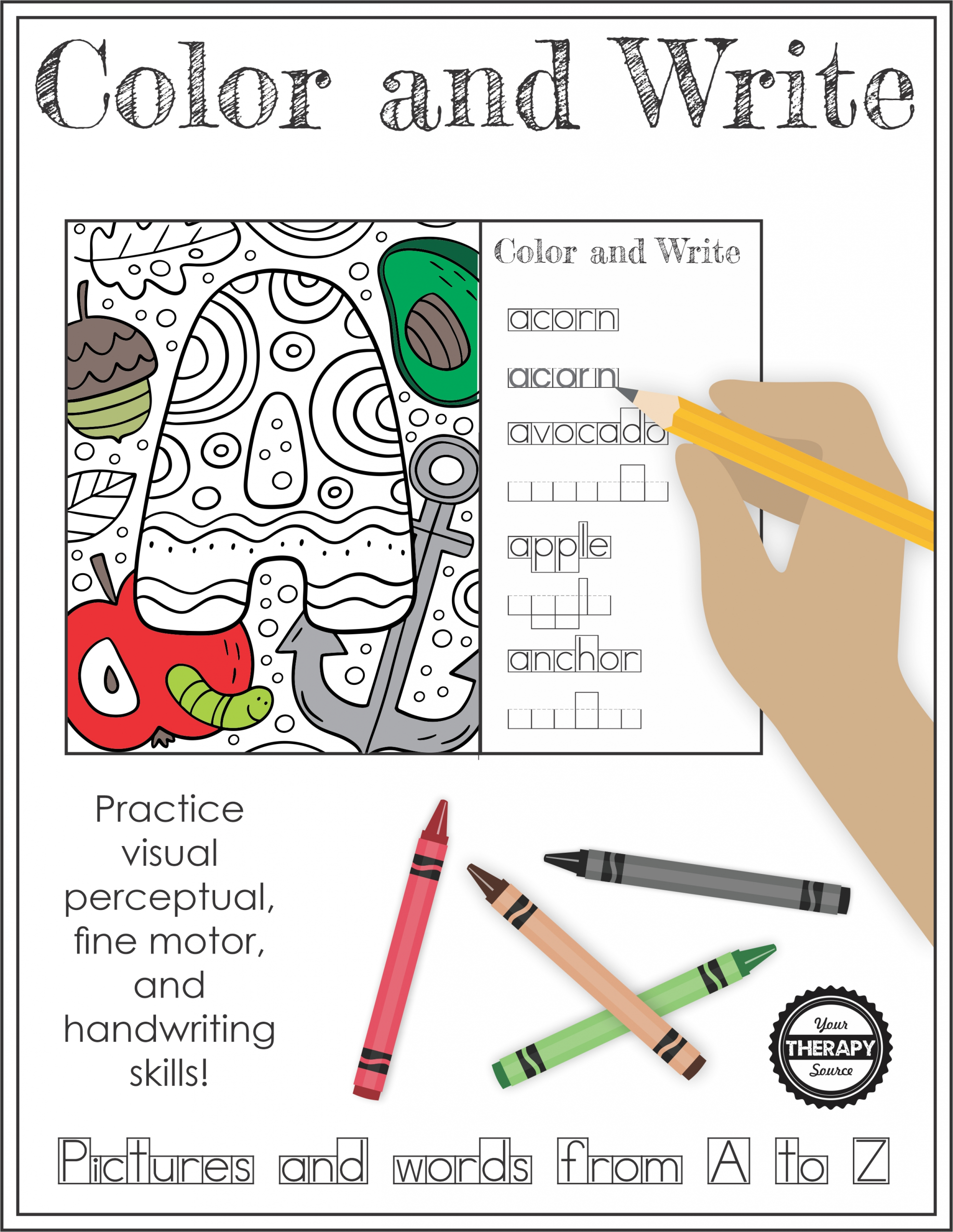 The Color and Write Alphabet packet includes all the letters from A to Z to find, color, and write the words from Your Therapy Source.