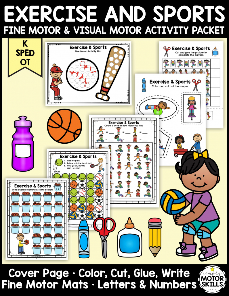 The Exercise & Sports Fine Motor Activity Packet - Color, Write, Cut, Glue digital download is an awesome NO PREP activity ready to go!