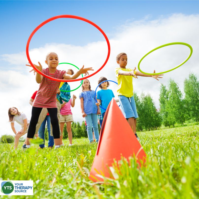 Whether you are a parent, OT, PT, PE teacher, or classroom teacher, hula hoop games are engaging and fun to get kids moving!