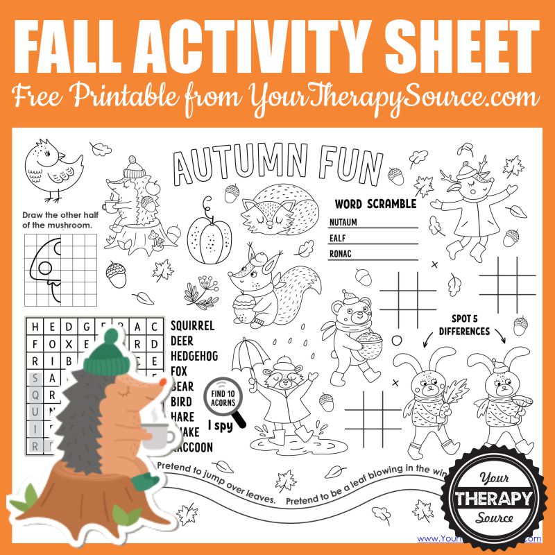 You are going to be excited about this adorable, black and white fall activity page. You can download it for free from Your Therapy Source.