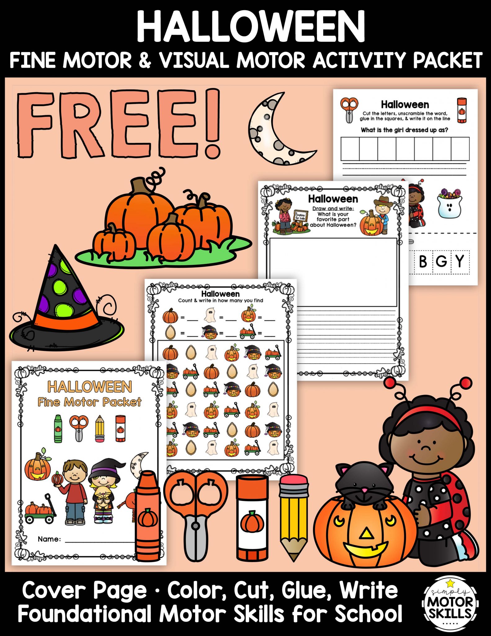 Need some FREE Halloween fine motor PDF activities for kindergarten and older students? You can download it for free from YourTherapySource.