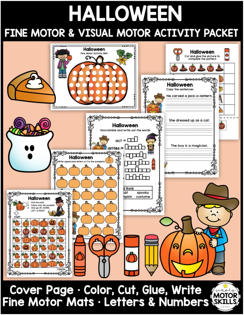 The Halloween Fine Motor Activities – Color, Write, Cut, Glue digital download is an awesome NO PREP activity ready to go!