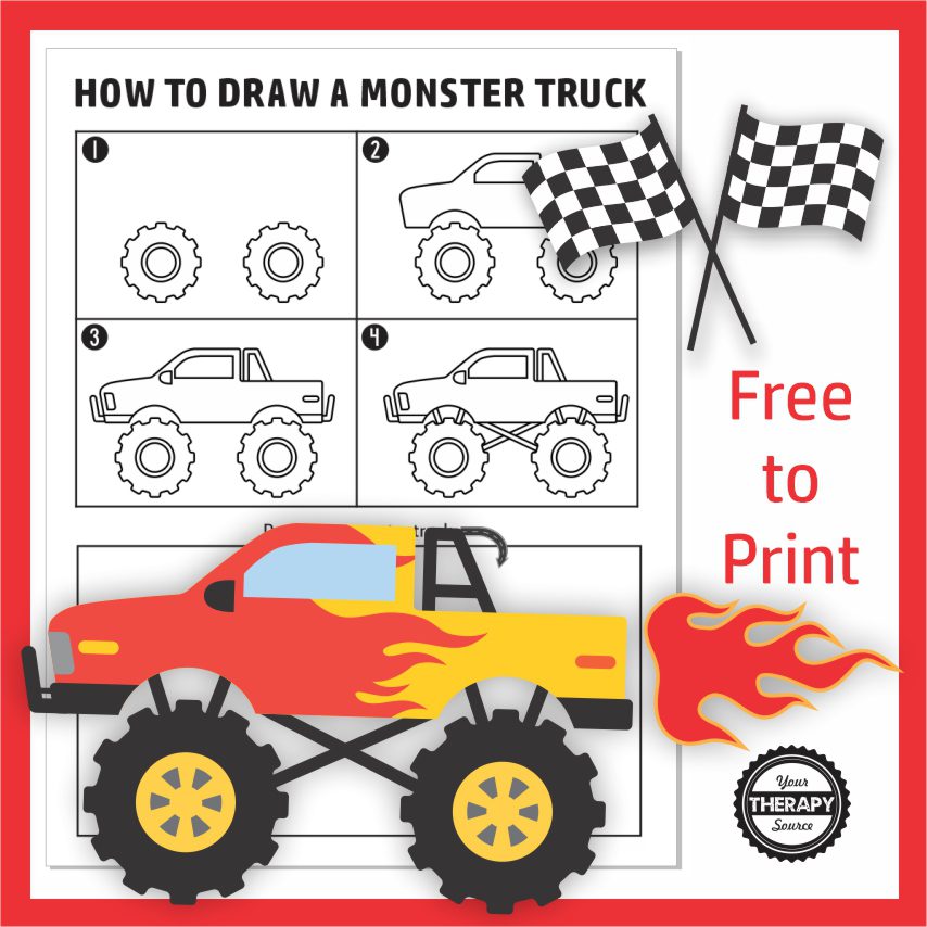 Here you can follow along the step by step directions to learn how to draw a fun monster truck. Download your freebie at Your Therapy Source.