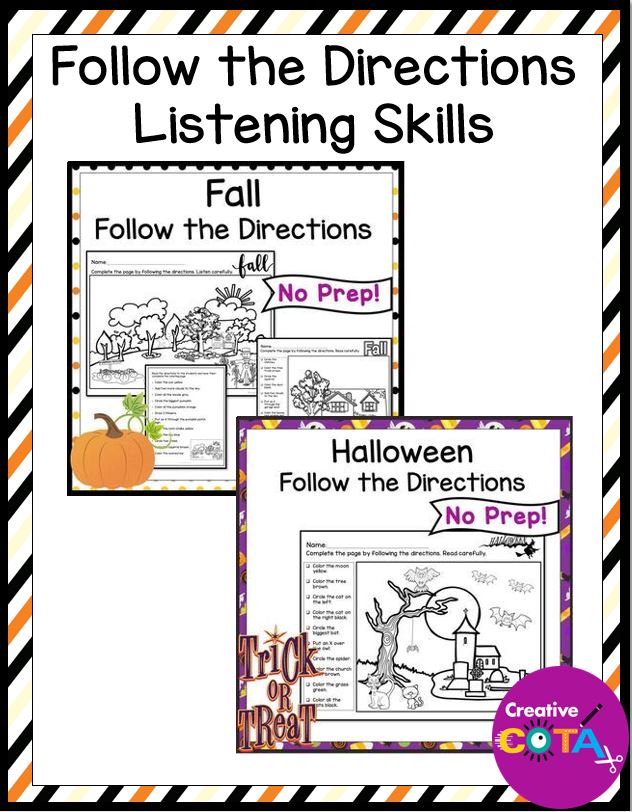 The Halloween Following Directions packet help students to work on listening skills, fine motor skills, and reading.
