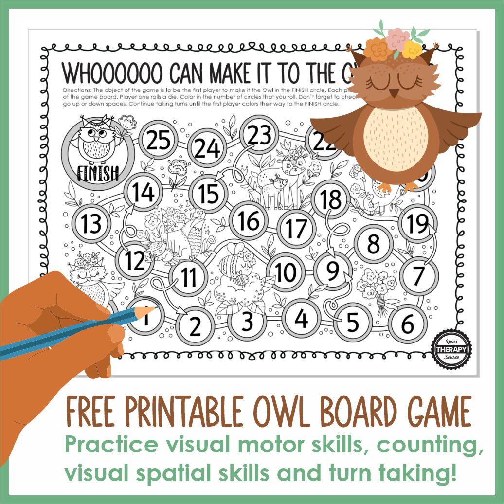 The Owl Board Game is a fun and educational game that helps students practice visual motor skills, counting, and visual-spatial skills.