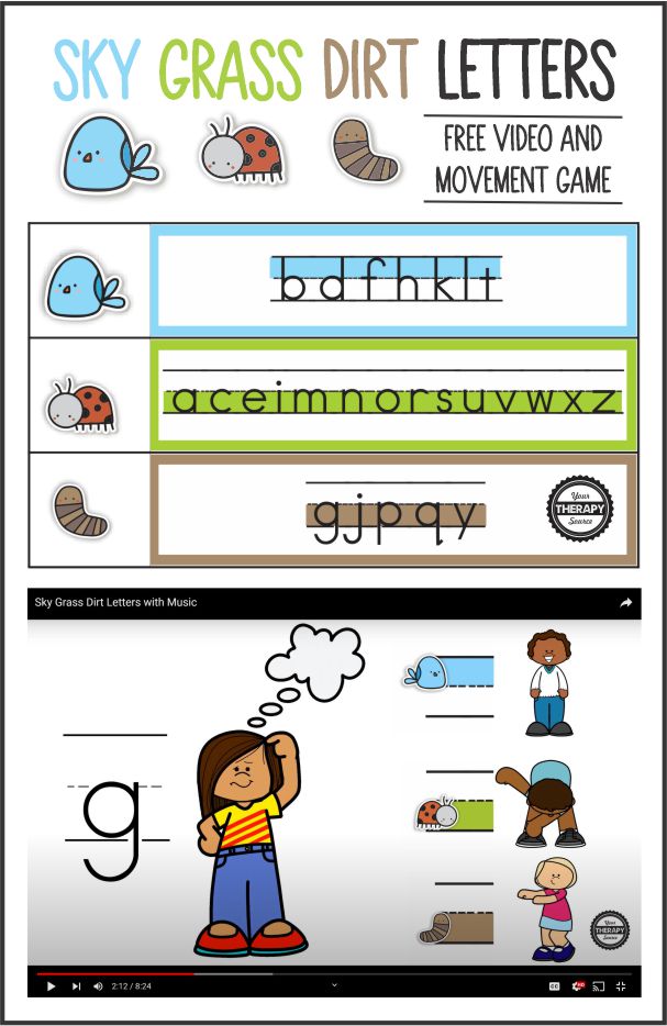 This Sky Grass Dirt video and movement game is super easy to use with one student or a whole classroom to help with letter placement.