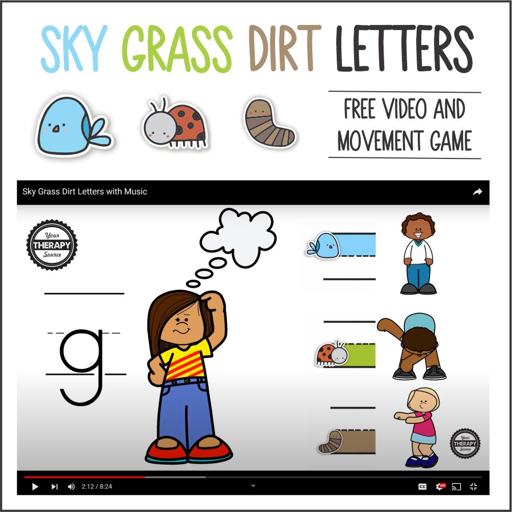 This Sky Grass Dirt video and movement game is super easy to use with one student or a whole classroom to help with letter placement.