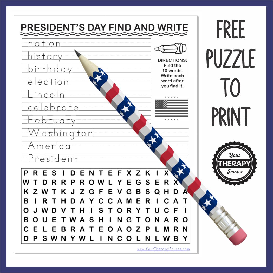 This FREE Presidents Day word search will challenge the kid's visual perceptual skills and encourage handwriting practice.