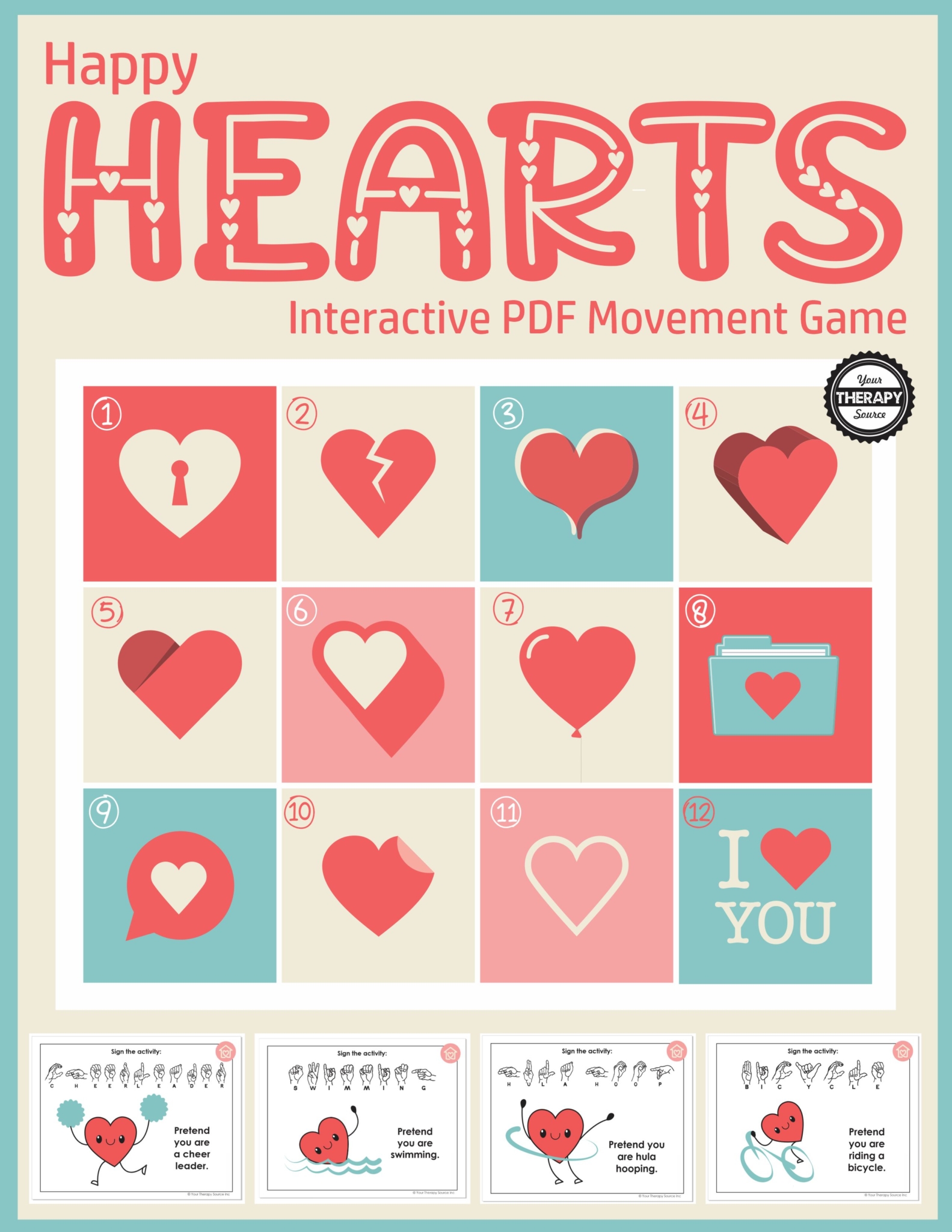 Practice fine motor and gross motor skills when you look for the winning hearts card in this active Happy Hearts Game.