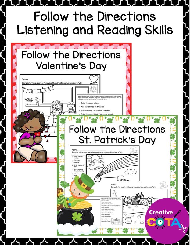 Use this no prep, Valentine's Day and St. Patrick's Day Follow the Directions Activity to promote listening, fine motor, and reading skills.