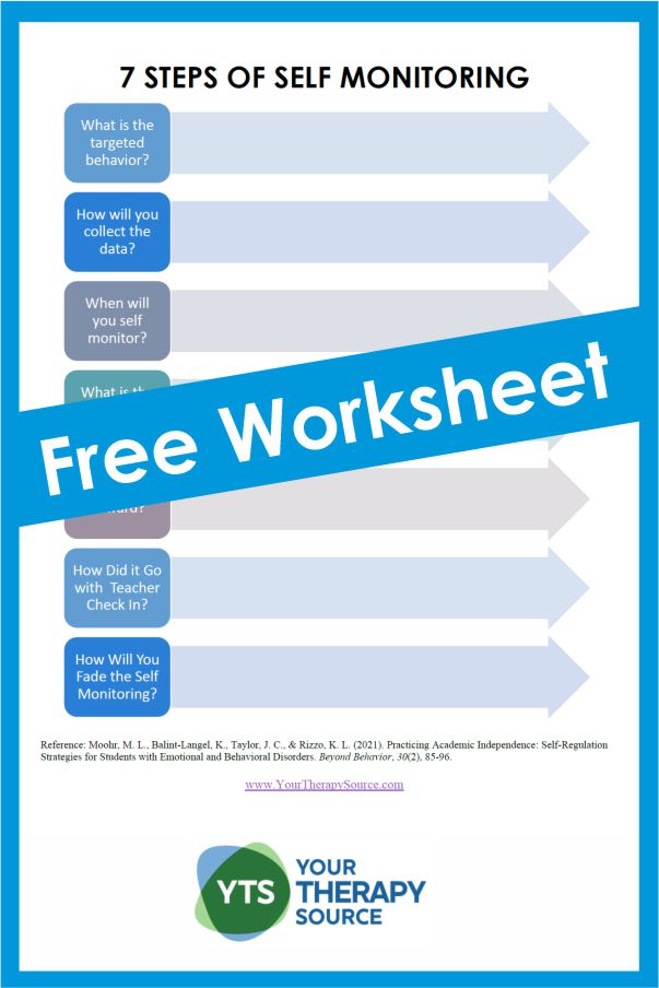 Self-monitoring is a step-by-step procedure in which students monitor and self-record their own actions. Download a free worksheet.