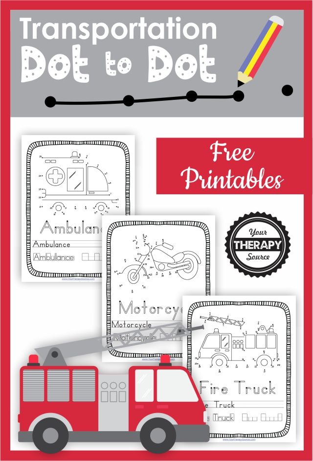 This Transportation Dot to Dot free PDF includes three fun visual motor challenges and handwriting practice! From Your Therapy Source