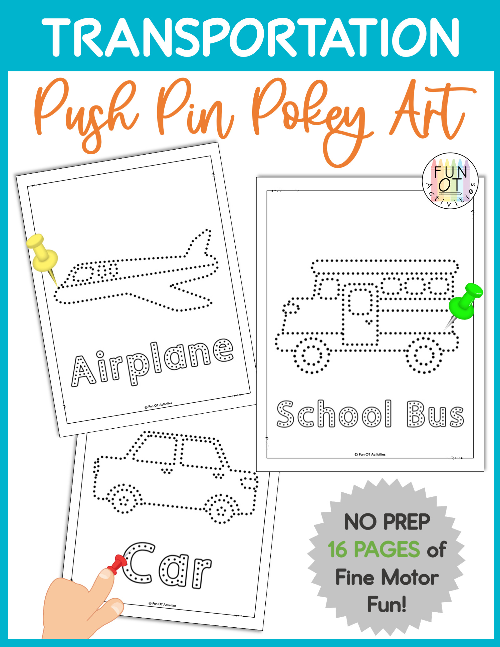 16 fun Transportation fine motor push pin art! Created by Fun OT Activities, this quick and simple activity helps promote fine motor skills