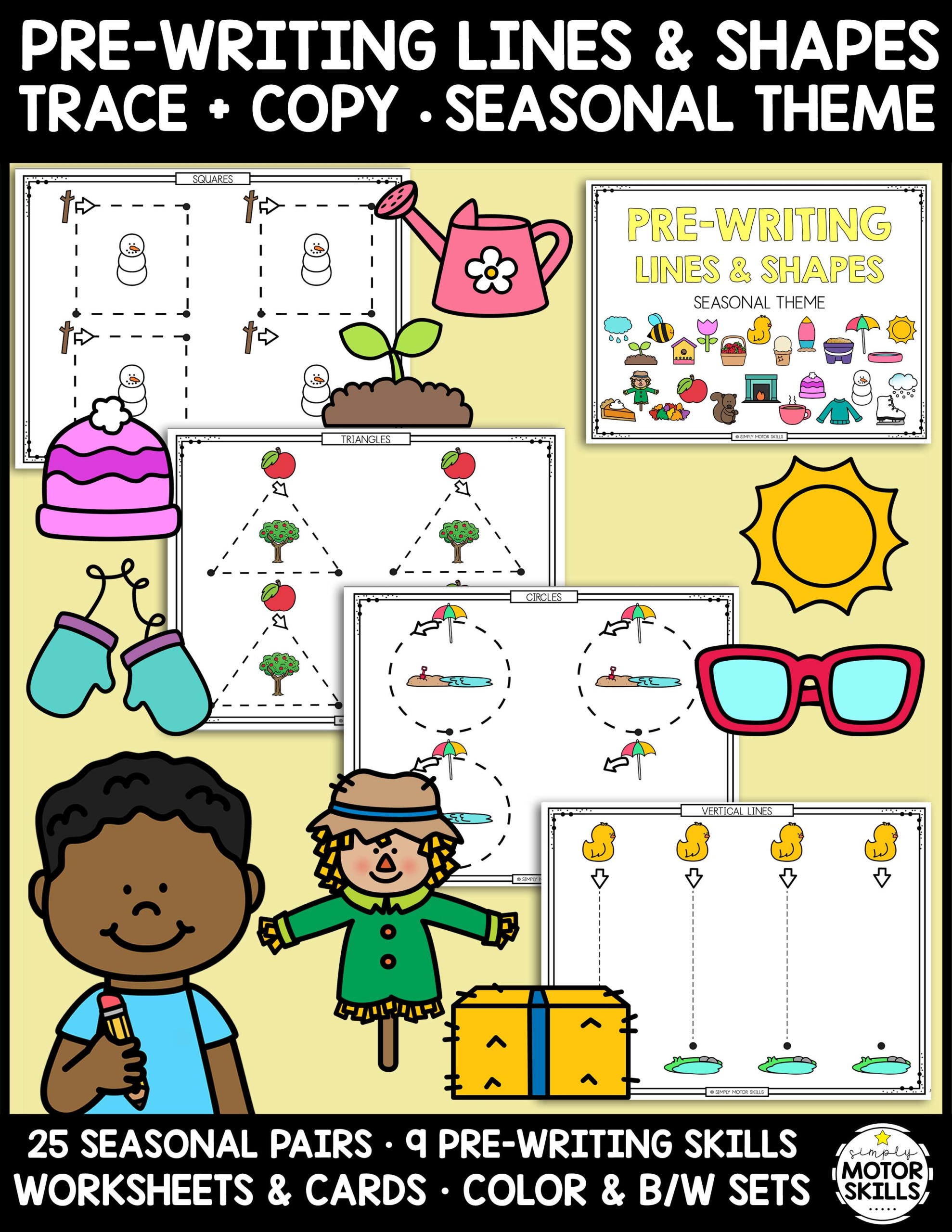 This fun and engaging Seasonal Prewriting Worksheets Packet includes seasonal picture pairs to practice pre-writing lines and shapes.